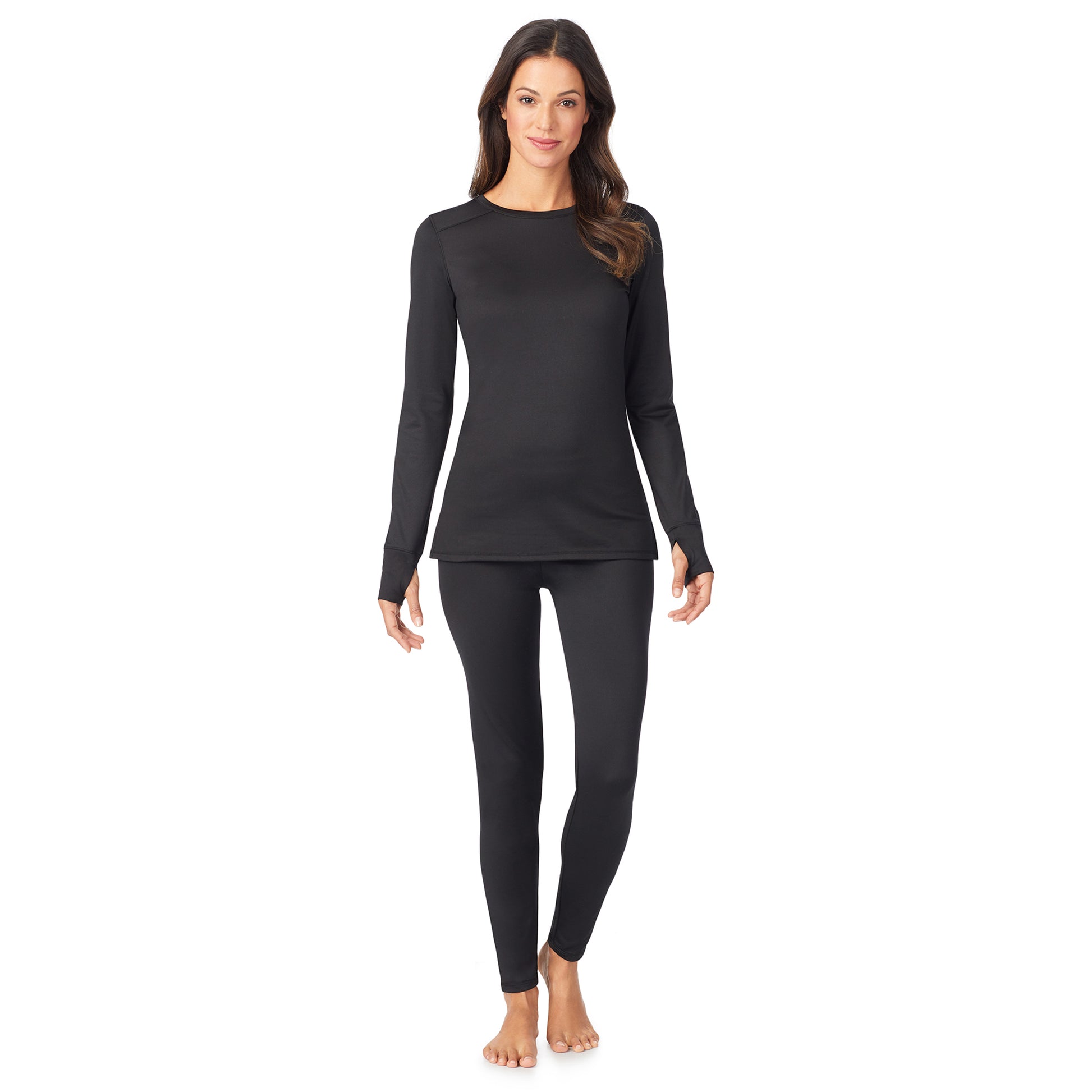 A lady wearing a  black long sleeve crew.