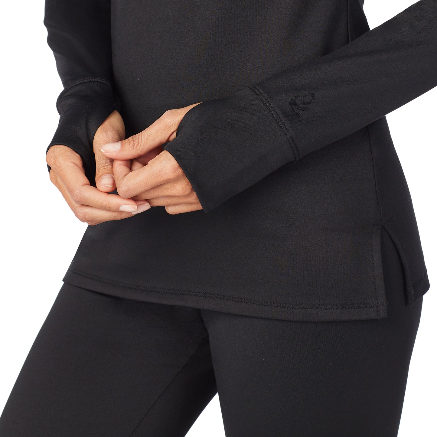 Black; Model is wearing size S. She is 5’9”, Bust 32”, Waist 25”, Hips 35”. @A lady wearing a black long sleeve crew.