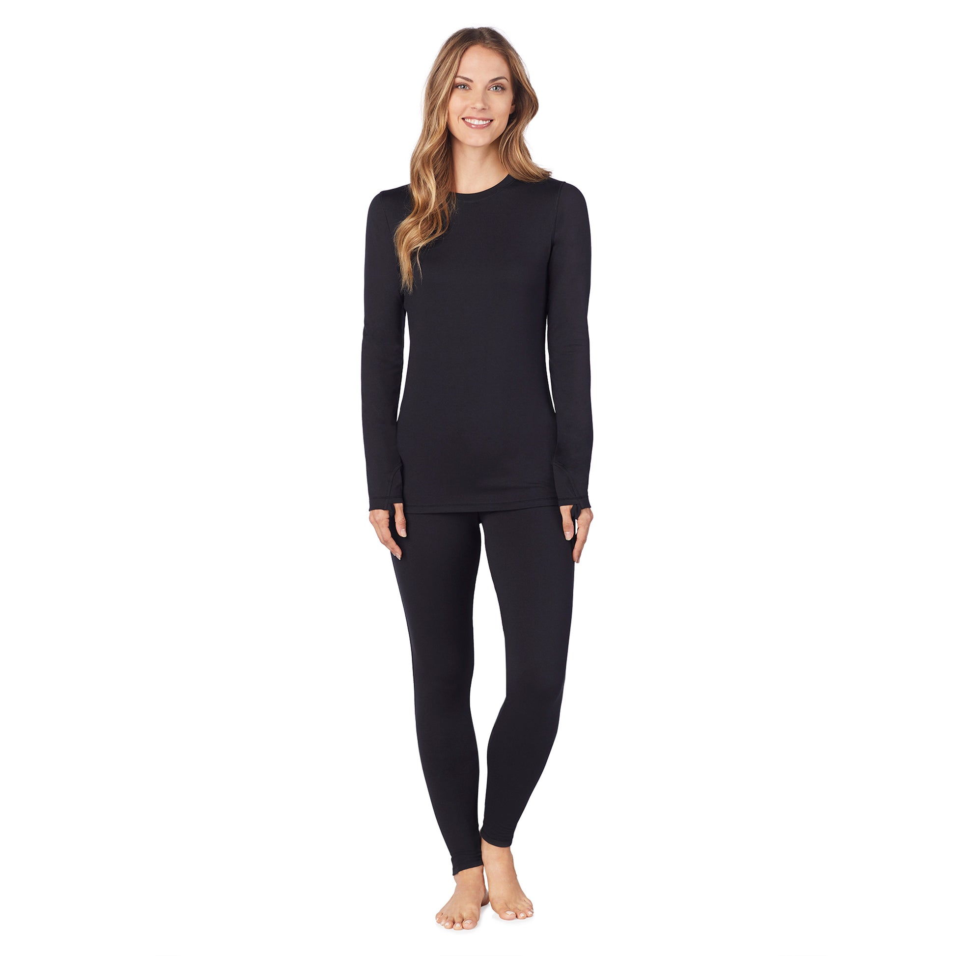 a lady wearing black long sleeve crew.