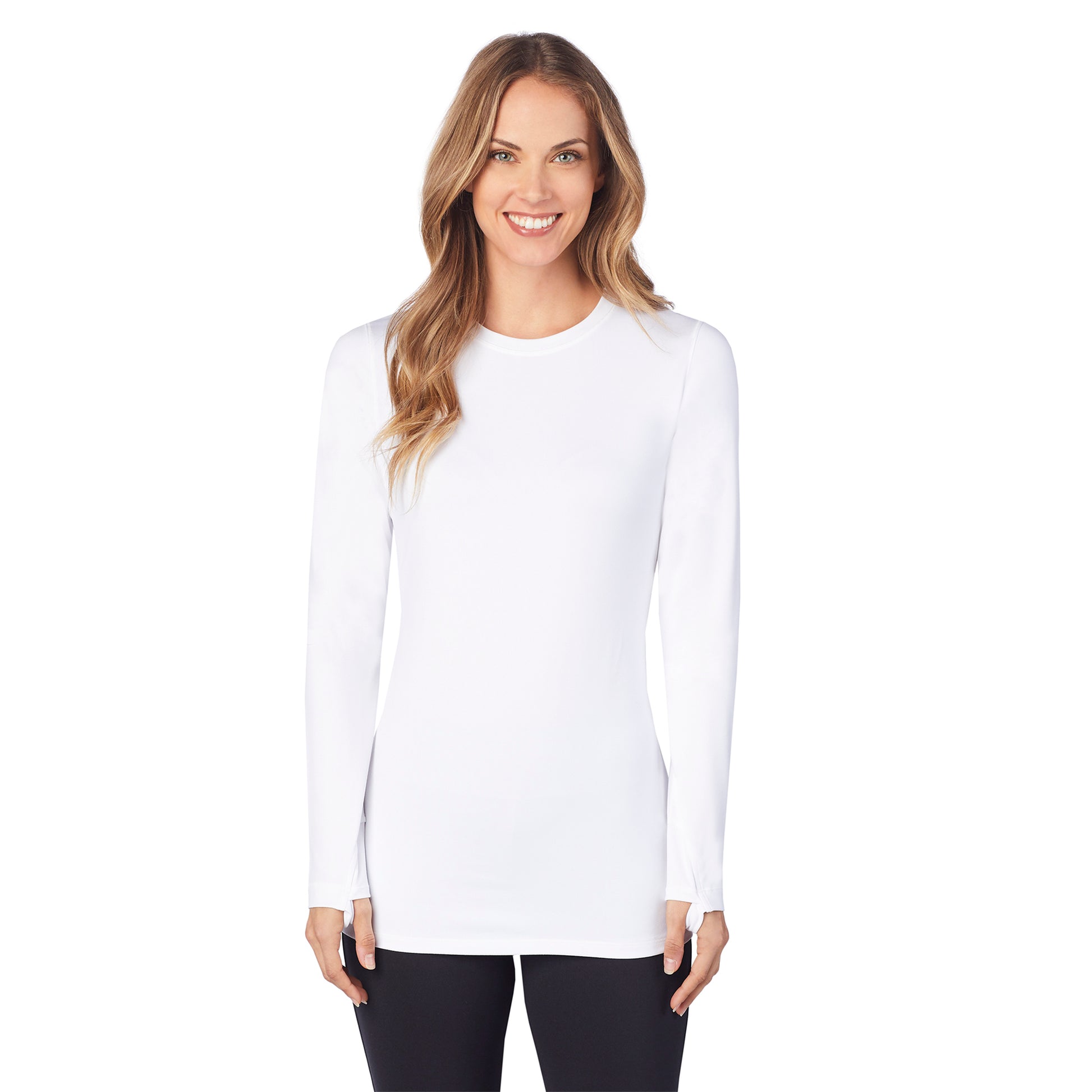 Upper body of a lady wearing white long sleeve crew.