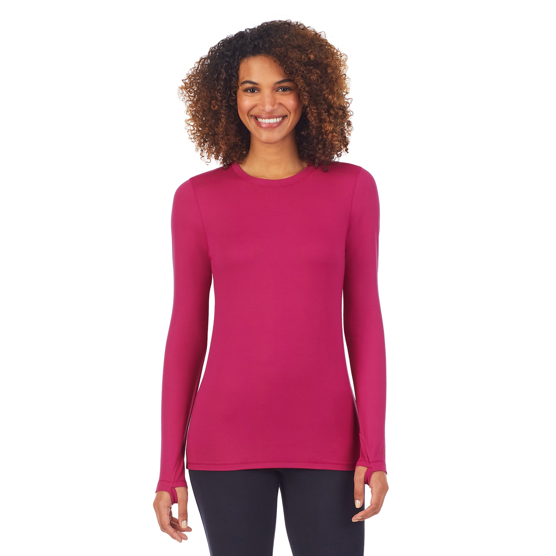 Upper body of a lady wearing magenta long sleeve crew.