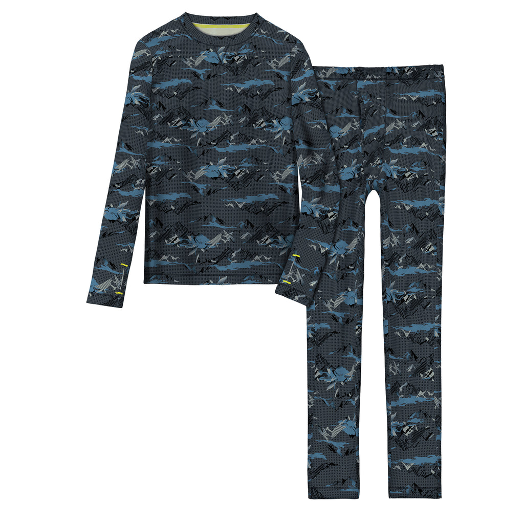 A grey long sleeve crew t-shirt and pant set with mountain print.