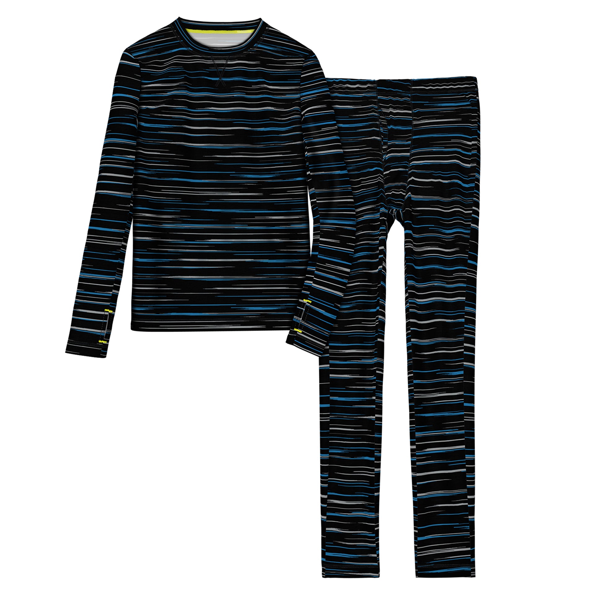 A blue space dye long sleeve crew t-shirt and pant set