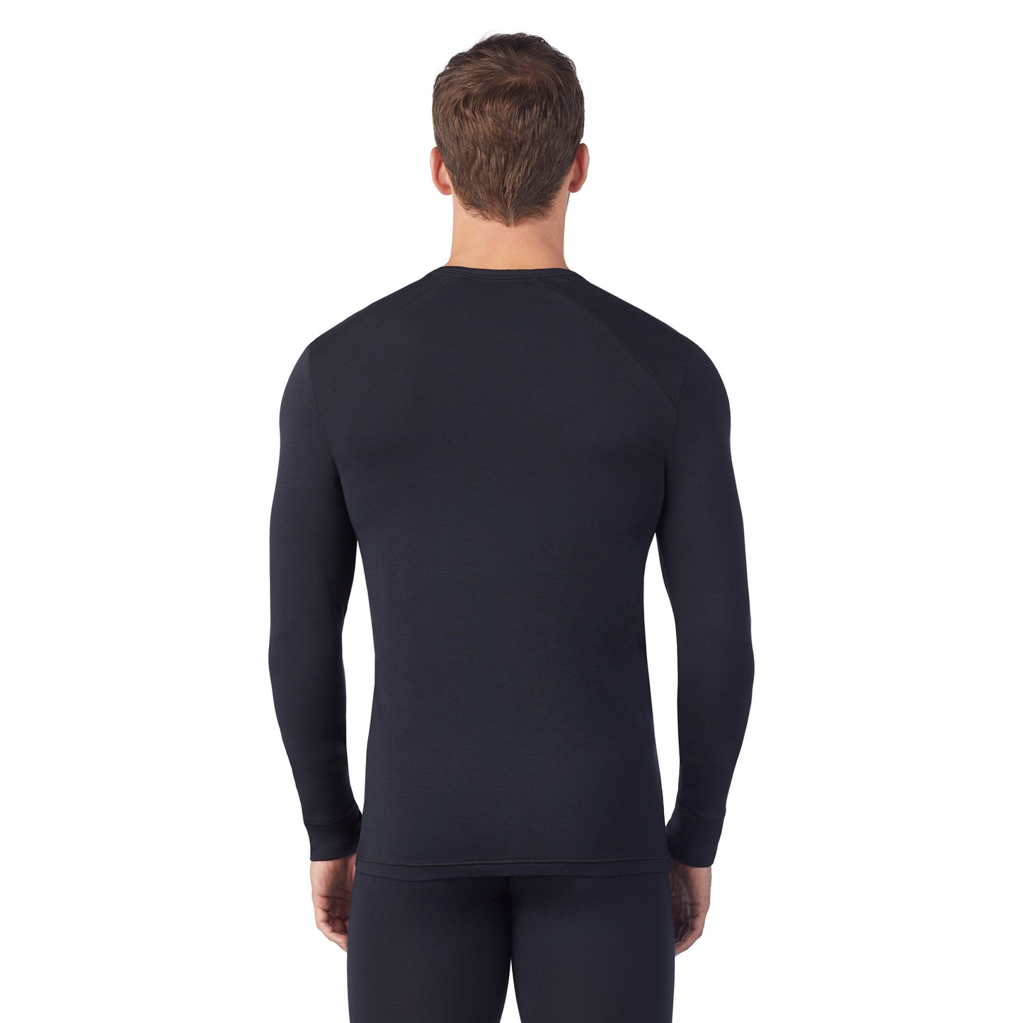 Black; Model is wearing size M. He is 6'1", Waist 31", Inseam 33".@upper body of A man wearing black long sleeve crew