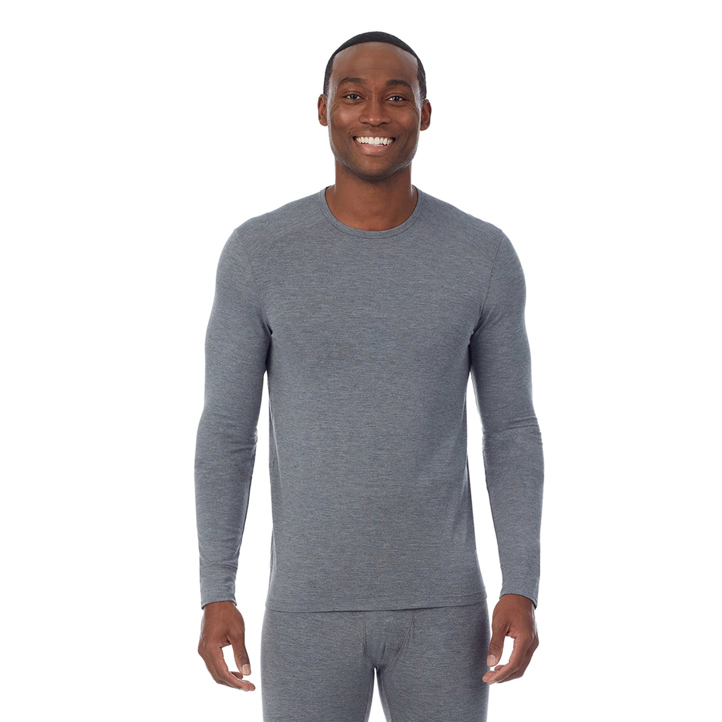 Charcoal Heather; Model is wearing size M. He is 6'2", Waist 31", Inseam 34".@upper body of A man wearing grey long sleeve crew
