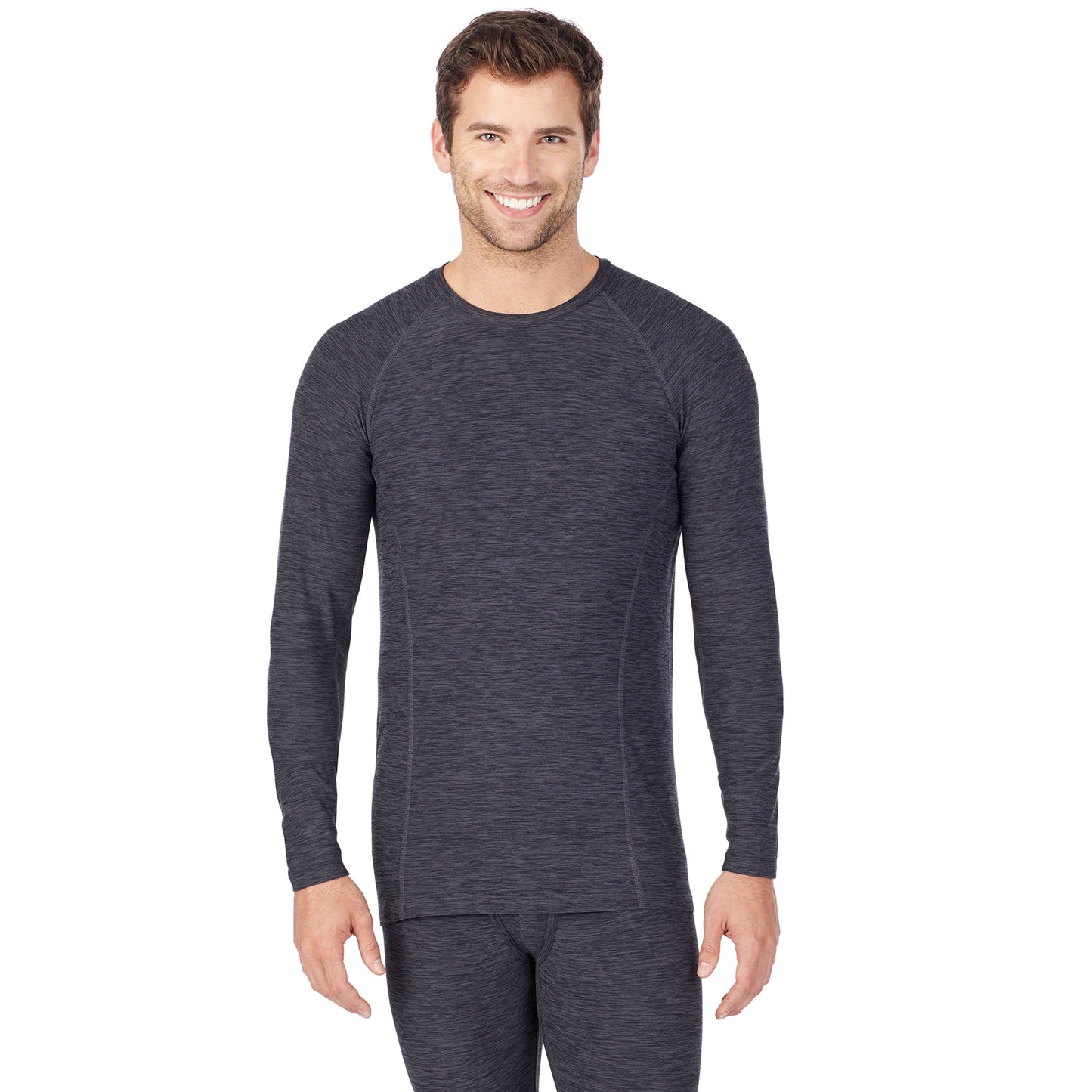 Dark Grey Space Dye; Model is wearing size M. He is 6'1", Waist 31", Inseam 33".@A man wearing grey long sleeve crew t-shirt