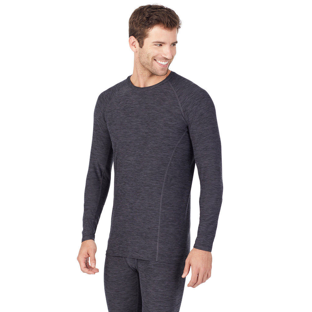 A man wearing greylong sleeve crew t-shirt !88% Polyester, 12% Spandex!