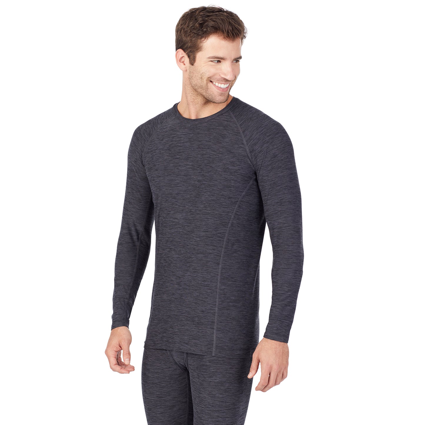 Dark Grey Space Dye; Model is wearing size M. He is 6'1", Waist 31", Inseam 33".@A man wearing grey long sleeve crew t-shirt