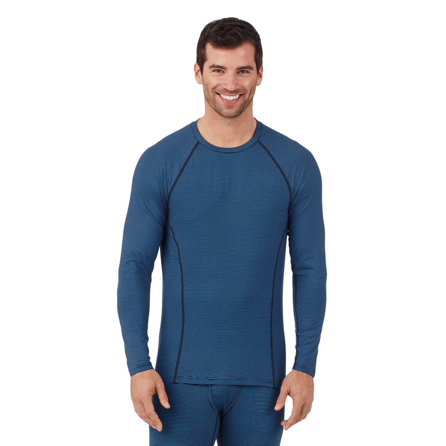 Black Blue Stripe; Model is wearing size M. He is 6'1", Waist 31", Inseam 33".@A man wearing black and blue stripe long sleeve crew t-shirt