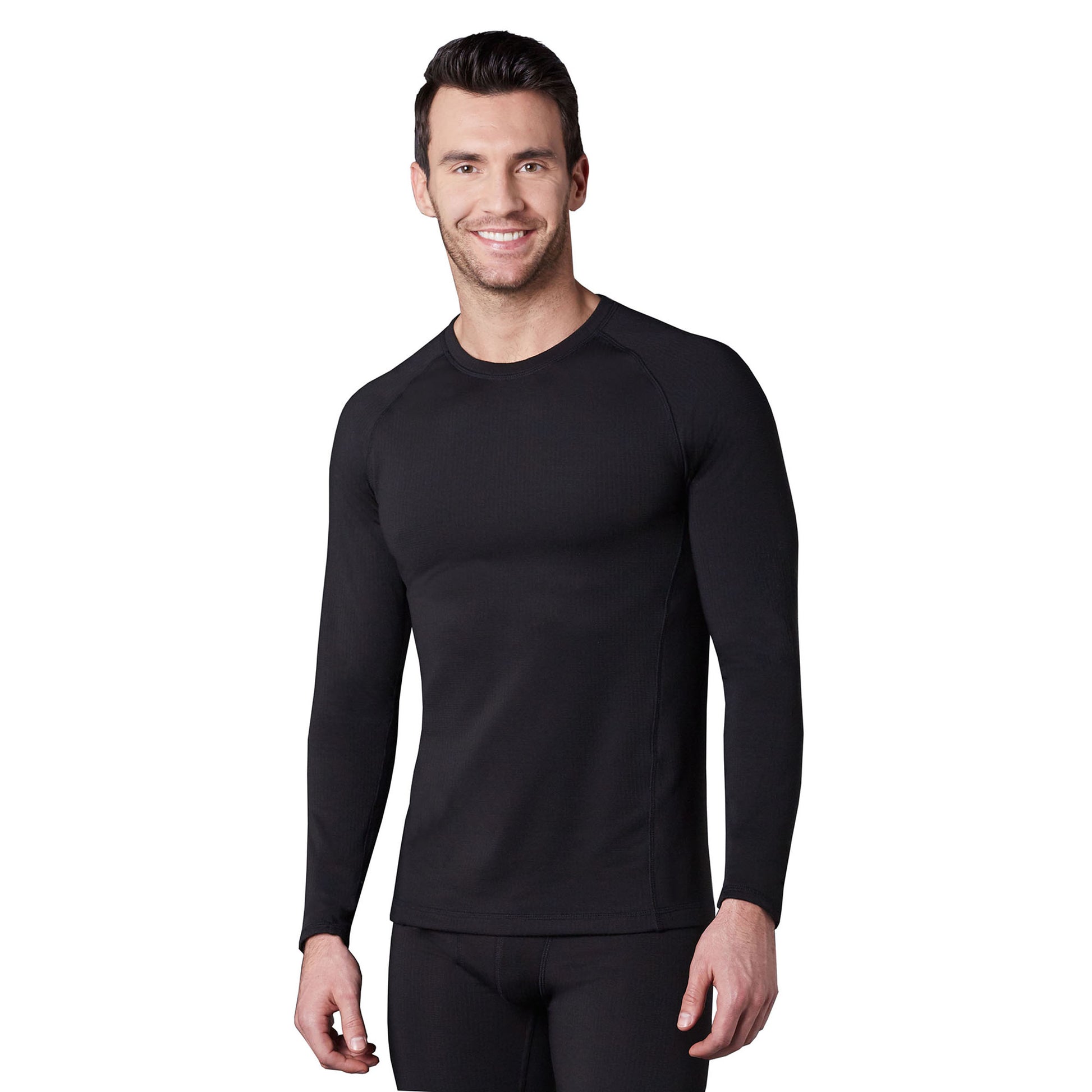 A man wearing a black X fleece long sleeve crew.