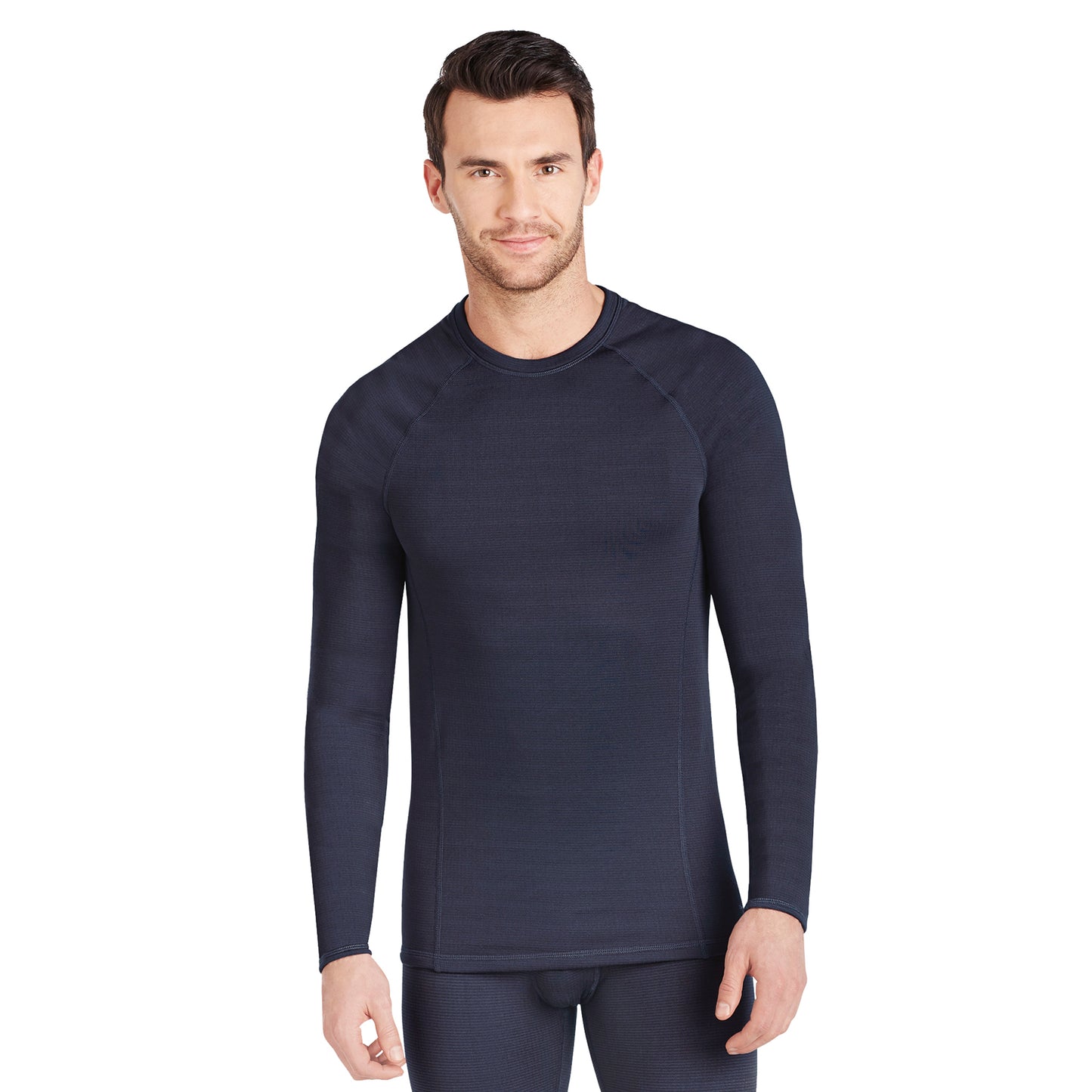 Asphalt; Model is wearing size M. He is 5'11", Waist 32", Inseam 31".@A man wearing a asphalt X fleece long sleeve crew.