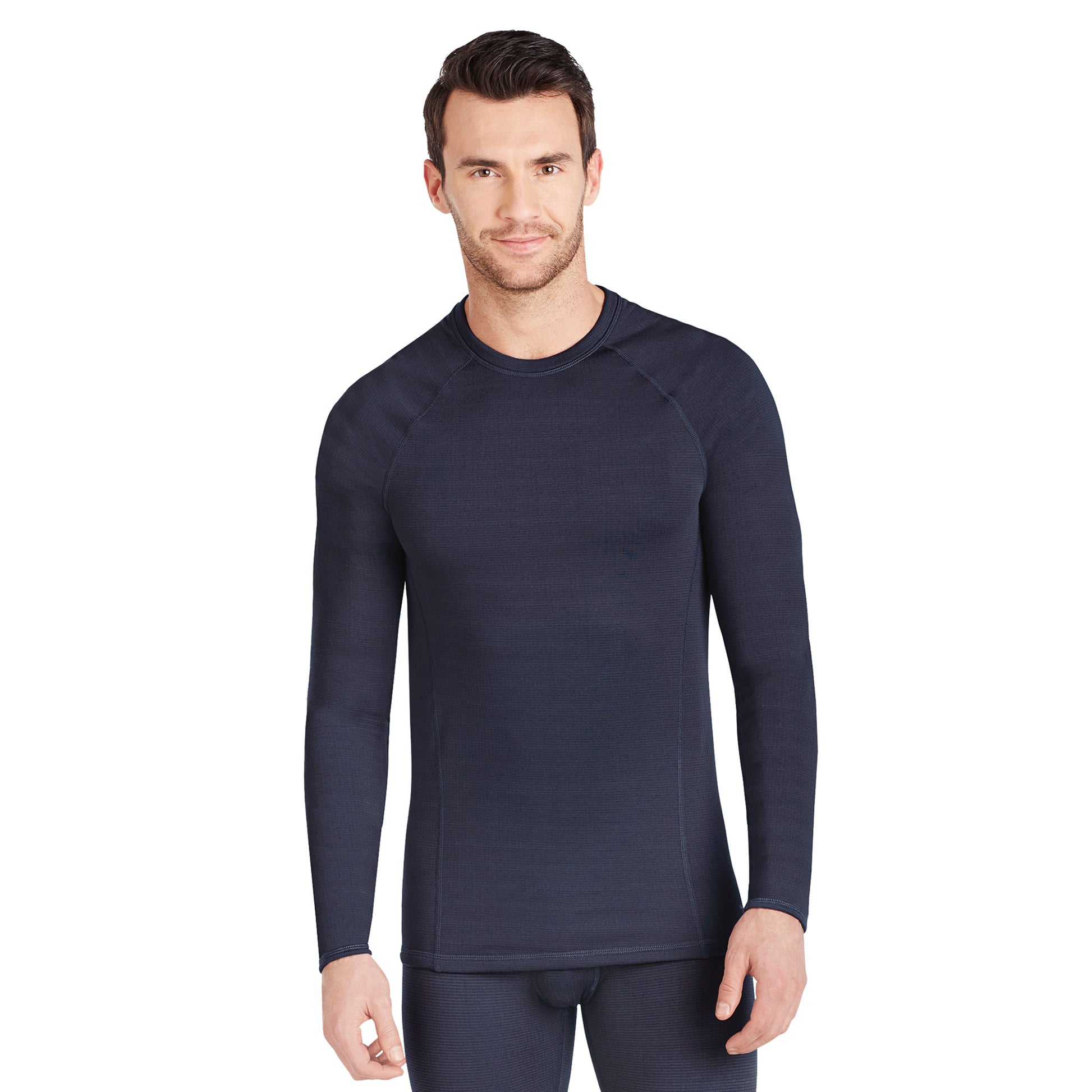 A man wearing a asphalt X fleece long sleeve crew.