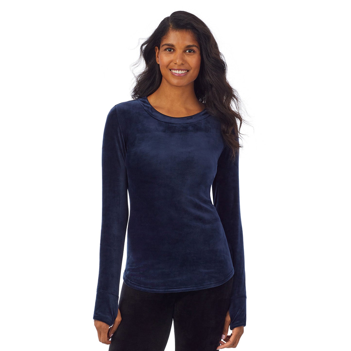 Dress Blues; Model is wearing size S. She is 5’10”, Bust 34”, Waist 24”, Hips 34”.@upper body of a lady wearing blue long sleeve crew