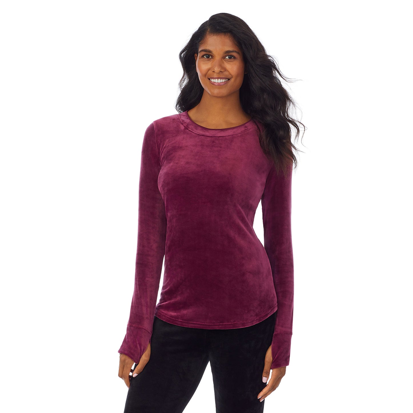 Grape; Model is wearing size S. She is 5’10”, Bust 34”, Waist 24”, Hips 34”.@upper body of a lady wearing grape long sleeve crew