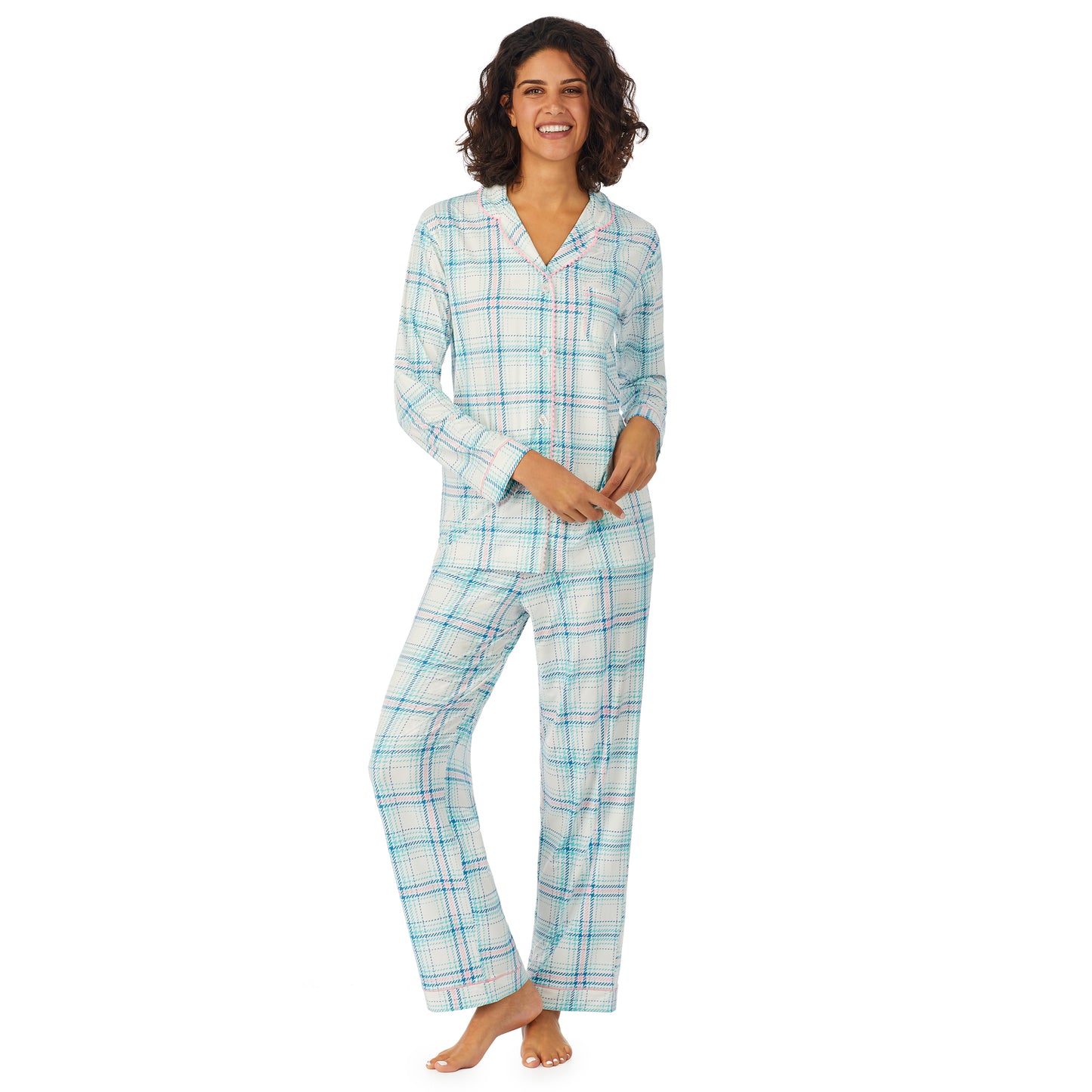 Aqua Pink Multi Plaid; Model is wearing size S. She is 5’9”, Bust 32”, Waist 24”, Hips 34.5”. @A lady wearing a white long sleeve pajama set with pink and blue plaid.