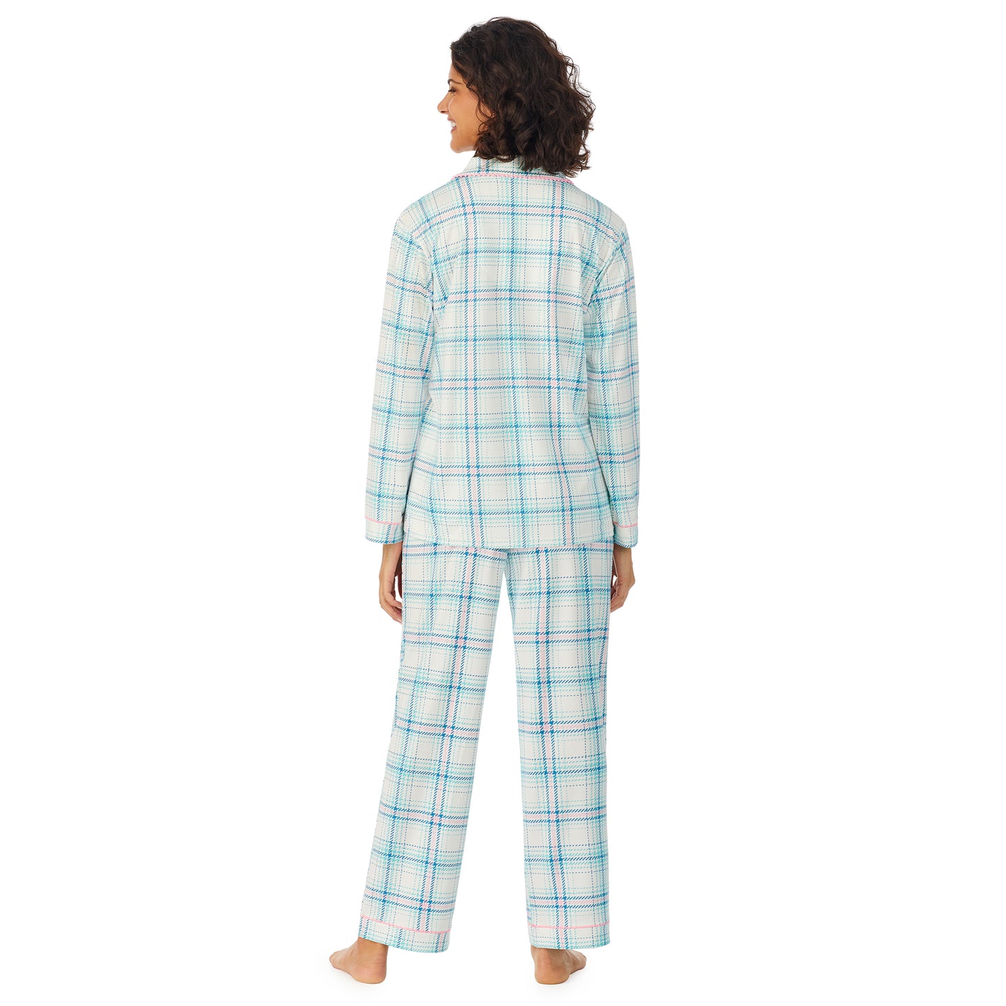 Aqua Pink Multi Plaid; Model is wearing size S. She is 5’9”, Bust 32”, Waist 24”, Hips 34.5”. @A lady wearing a white long sleeve pajama set with pink and blue plaid.