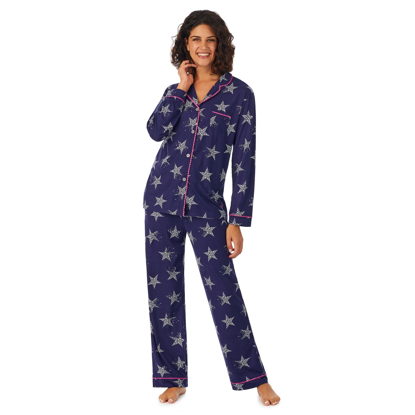 Navy Star; Model is wearing size S. She is 5’9”, Bust 32”, Waist 24”, Hips 34.5”. @A lady wearing a dark blue long sleeve pajama set with white stars.