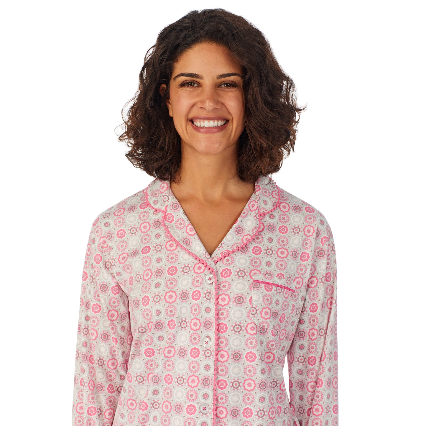 Pink Geo; Model is wearing size S. She is 5’9”, Bust 32”, Waist 24”, Hips 34.5”. @A lady wearing a long sleeve pajama set with pink geo pattern.