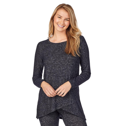 A lady wearing softknit long sleeve crossover tunic