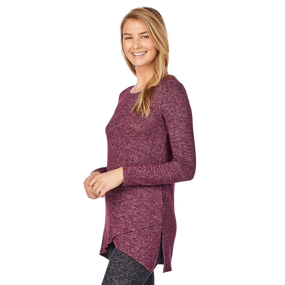 A lady wearing softknit long sleeve crossover tunic