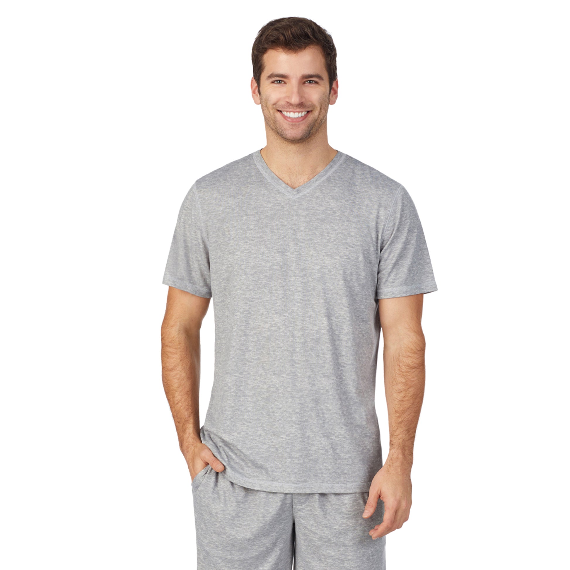 A lady wearingMens Far-Infrared Enhance Sleep Short Sleeve V-Neck Top with Grey Heather print