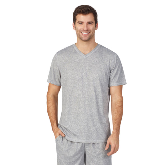 A lady wearingMens Far-Infrared Enhance Sleep Short Sleeve V-Neck Top with Grey Heather print