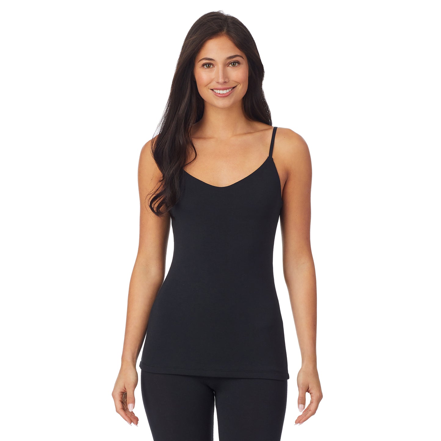 Black; Model is wearing size S. She is 5'8.5", Bust 32", Waist 25", Hips 36". @A lady wearing a black cami.