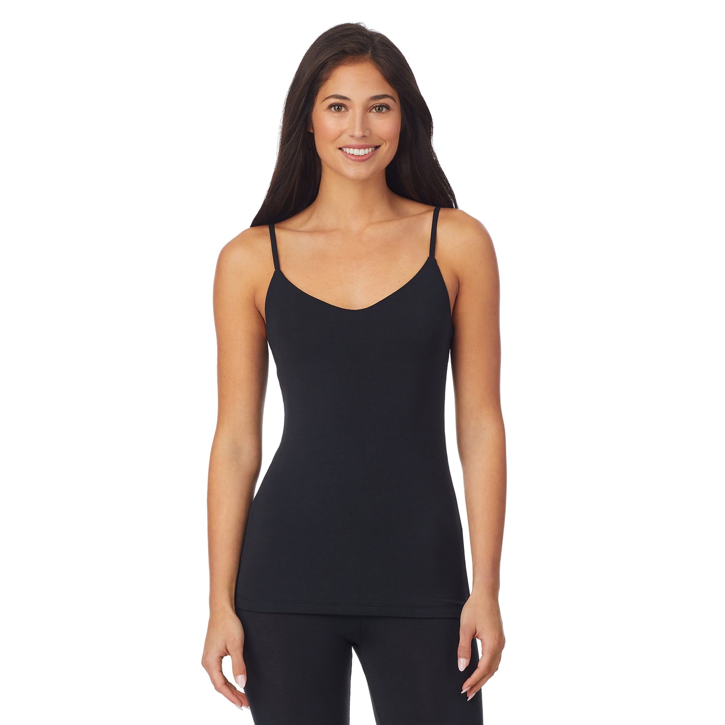 Black; Model is wearing size S. She is 5'8.5", Bust 32", Waist 25", Hips 36". @A lady wearing a black cami.