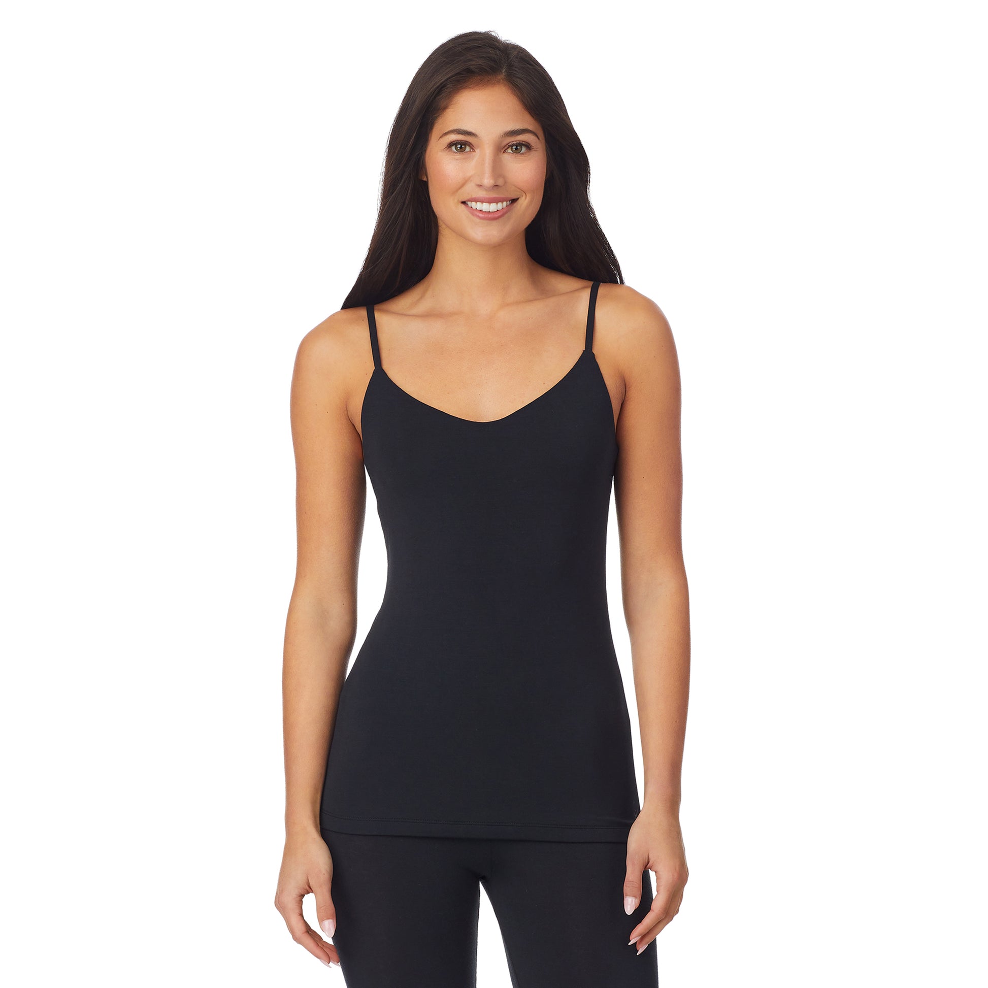 A lady wearing a black  cami.