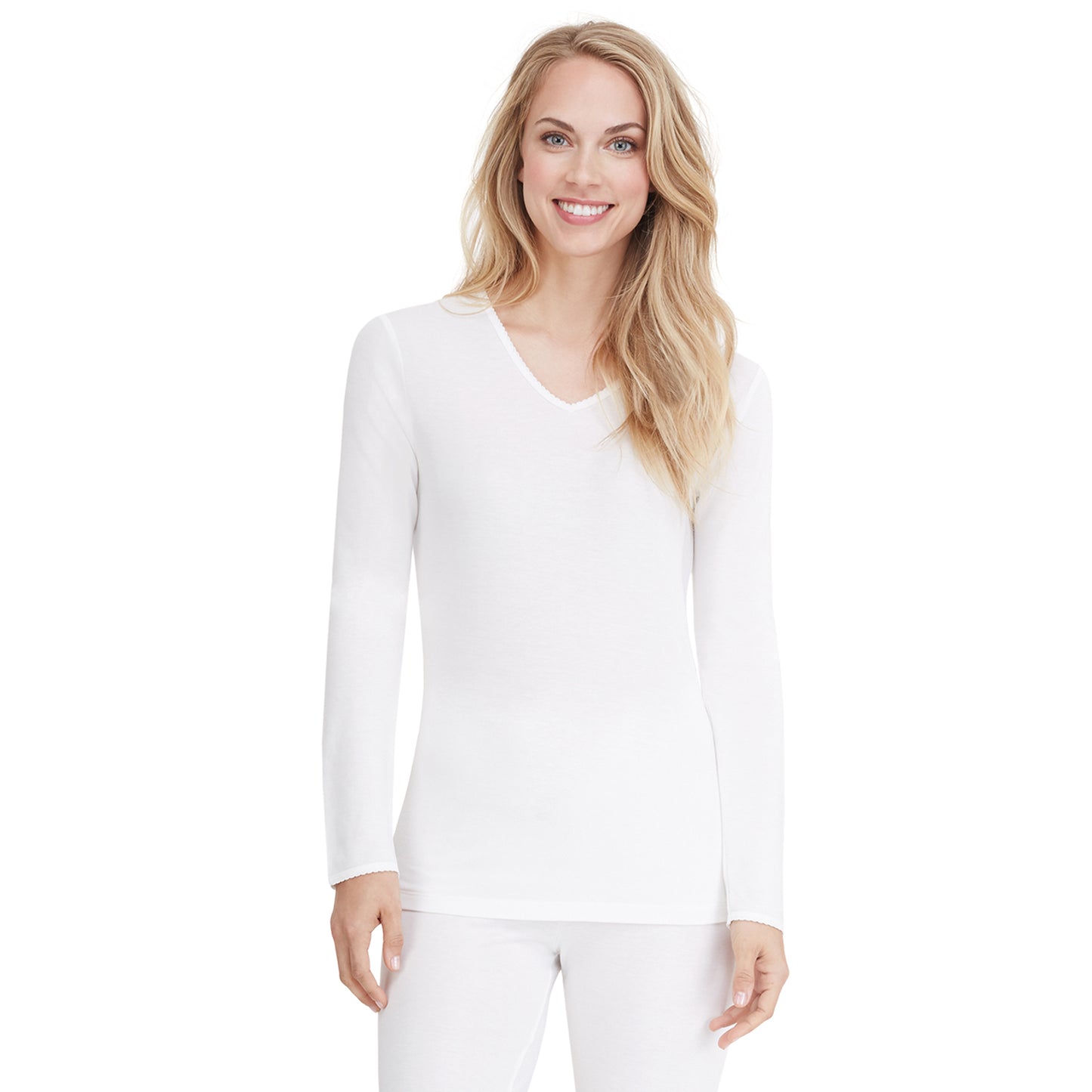 White; Model is wearing size S. She is 5’9”, Bust 32”, Waist 25.5”, Hips 36”. @A lady wearing a white long sleeve lace edge V-Neck.