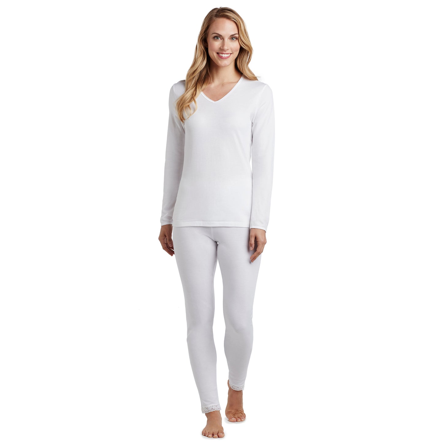 White; Model is wearing size S. She is 5’9”, Bust 32”, Waist 25.5”, Hips 36”. @A lady wearing a white long sleeve lace edge V-Neck.