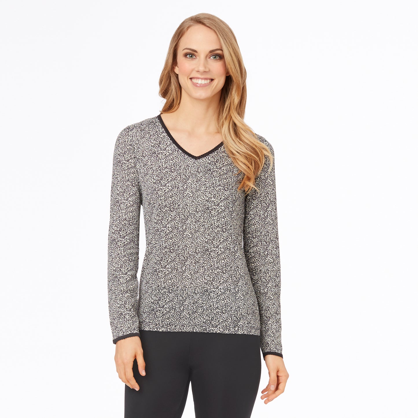 Cheetah; Model is wearing size S. She is 5’9”, Bust 32”, Waist 25.5”, Hips 36”. @A lady wearing a cheetah long sleeve lace edge V-Neck.
