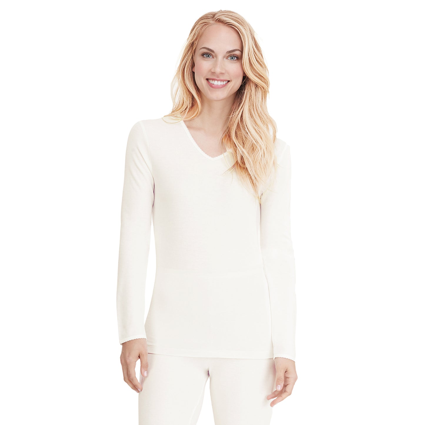 Ivory; Model is wearing size S. She is 5’9”, Bust 32”, Waist 25.5”, Hips 36”. @A lady wearing a ivory long sleeve lace edge V-Neck.