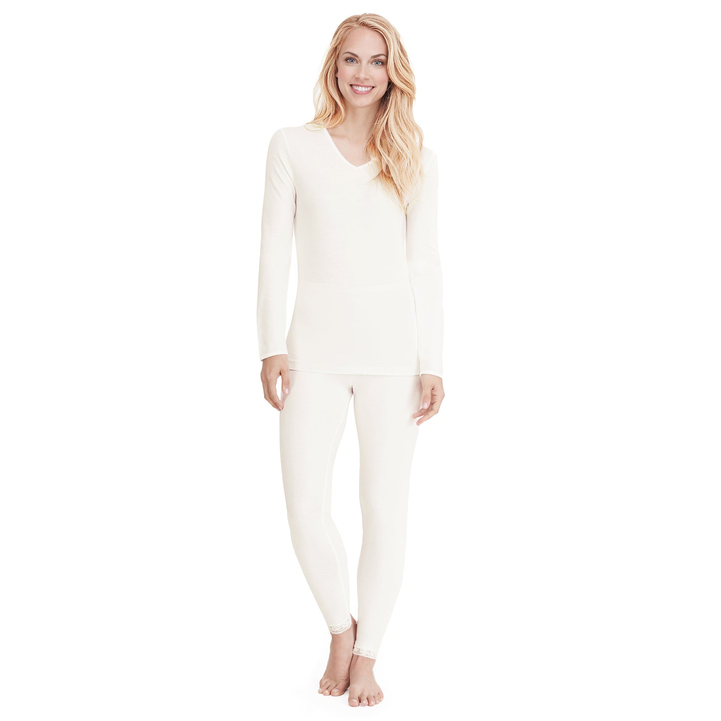 Ivory; Model is wearing size S. She is 5’9”, Bust 32”, Waist 25.5”, Hips 36”. @A lady wearing a ivory long sleeve lace edge V-Neck.