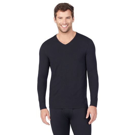 Black; Model is wearing size M. He is 6'1", Waist 31", Inseam 33".@upper body of A man wearing black long sleeve v-neck