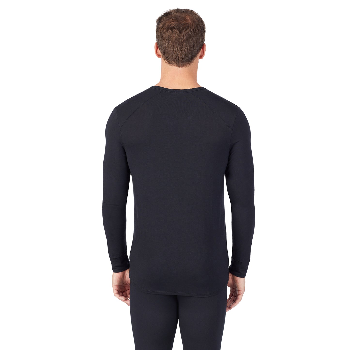 Black; Model is wearing size M. He is 6'1", Waist 31", Inseam 33".@upper body of A man wearing black long sleeve v-neck