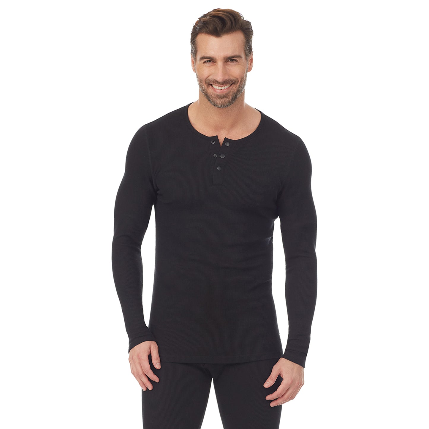 Black; Model is wearing size M. He is 6'1", Waist 32", Inseam 32". @A man wearing a black long sleeve henley t-shirt.