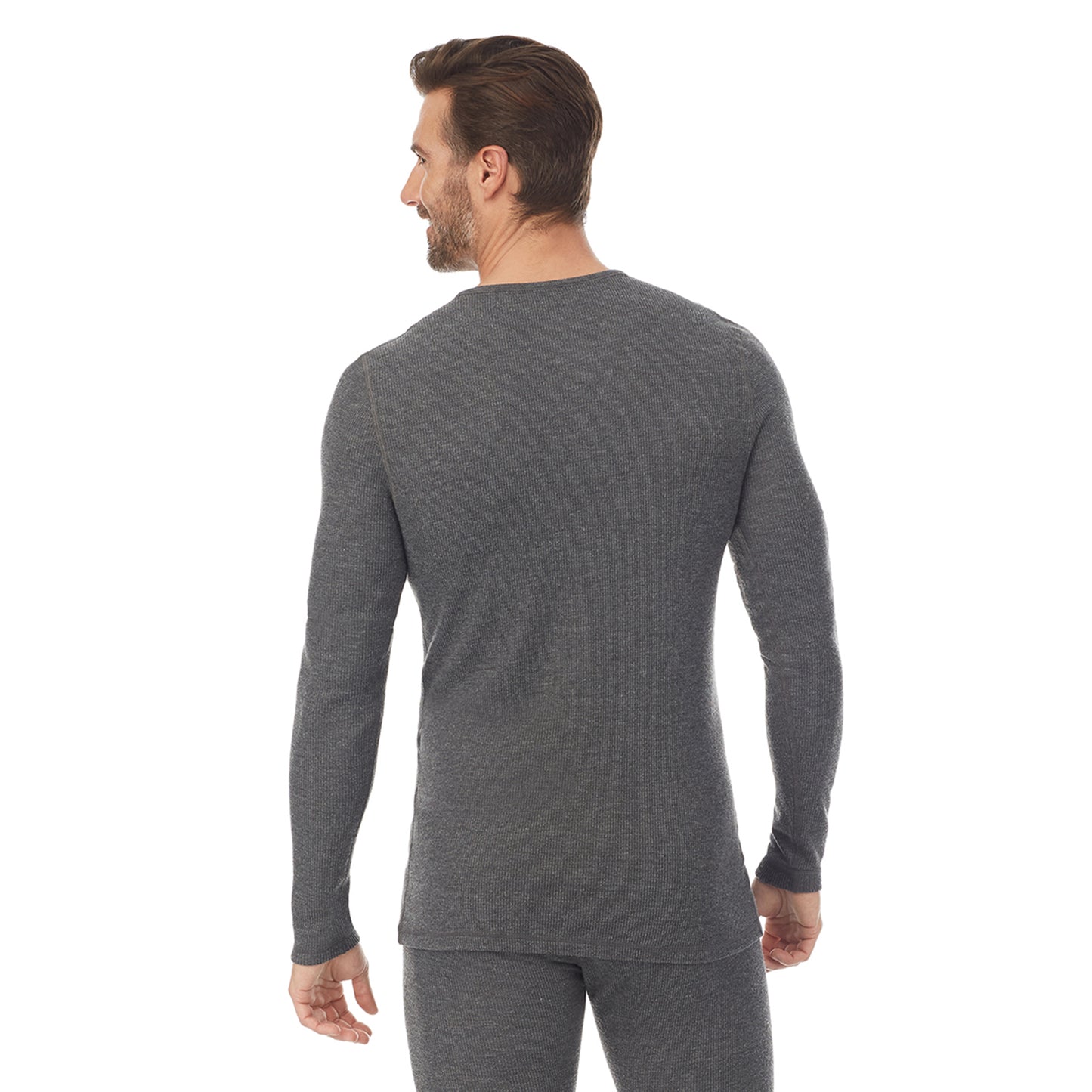 Charcoal Heather; Model is wearing size M. He is 6'1", Waist 32", Inseam 32". @A man wearing a charcoal heather long sleeve henley t-shirt.