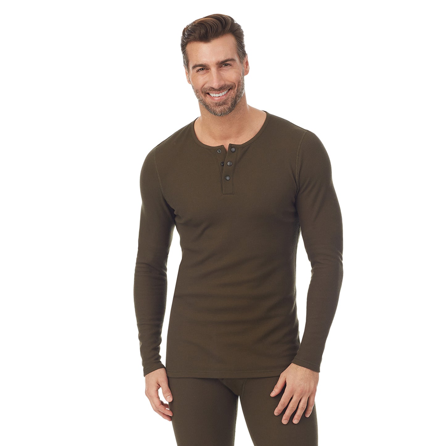 Olive; Model is wearing size M. He is 6'1", Waist 32", Inseam 32". @A man wearing a olive long sleeve henley t-shirt.
