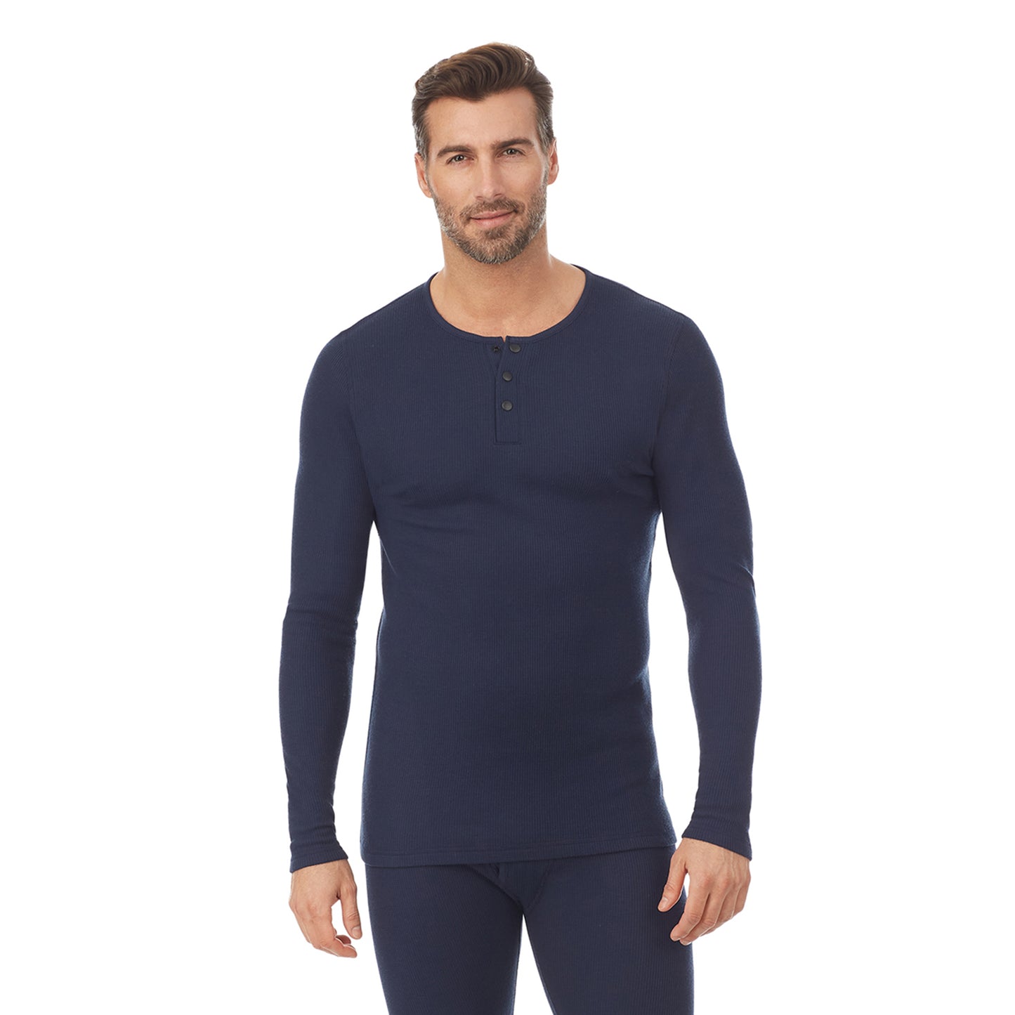 Navy; Model is wearing size M. He is 6'1", Waist 32", Inseam 32". @A man wearing a navy blue long sleeve henley t-shirt.