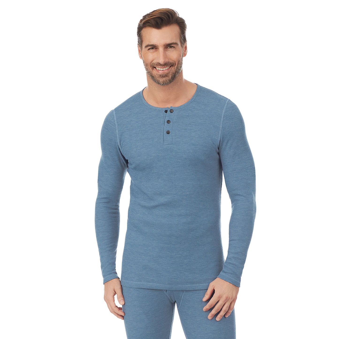 Blue Heather; Model is wearing size M. He is 6'1", Waist 32", Inseam 32". @A man wearing a blue heather long sleeve henley t-shirt.