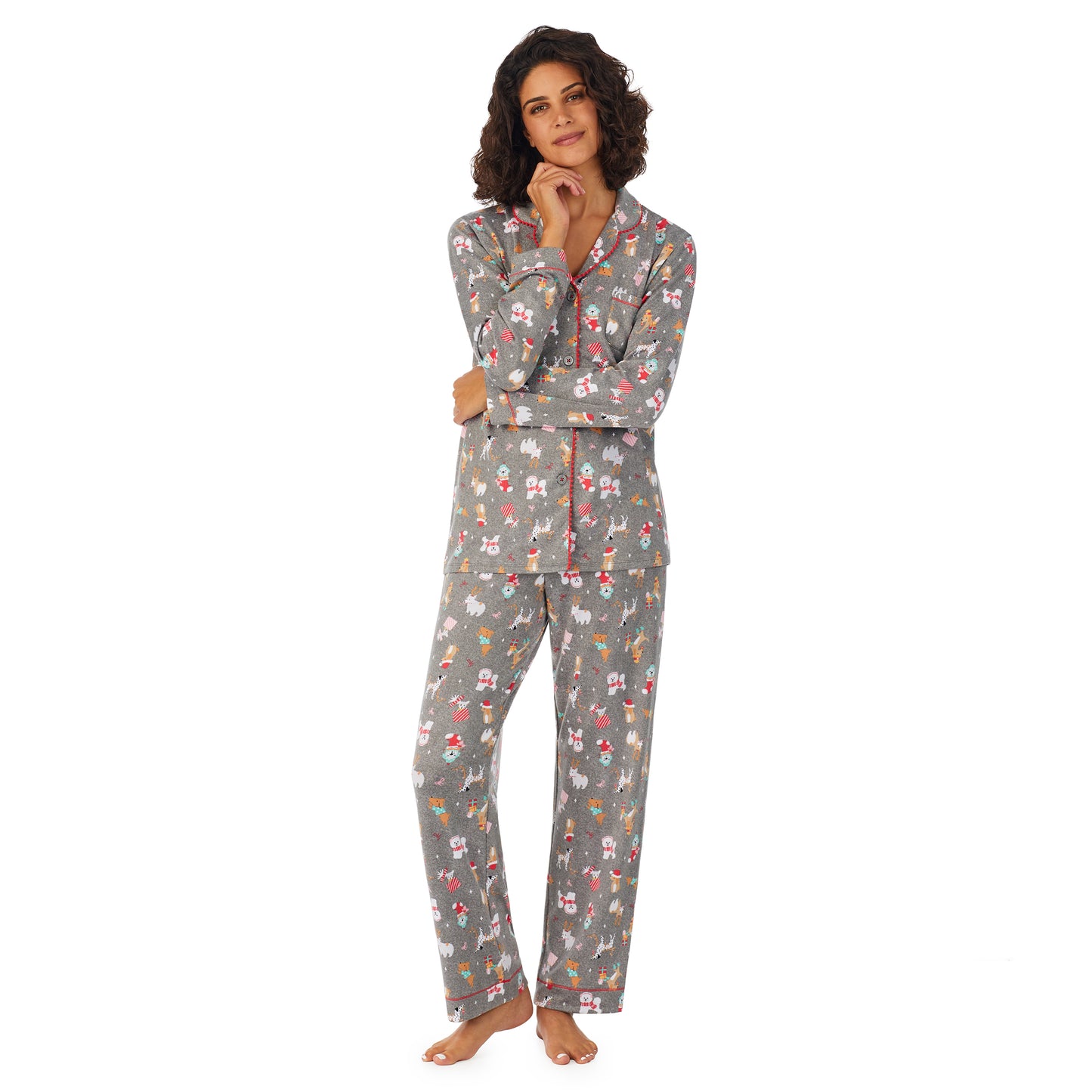 Grey Holiday Dogs; Model is wearing size S. She is 5’9”, Bust 32”, Waist 24”, Hips 34.5”. @A lady wearing a grey long sleeve pajama set with dogs pattern.