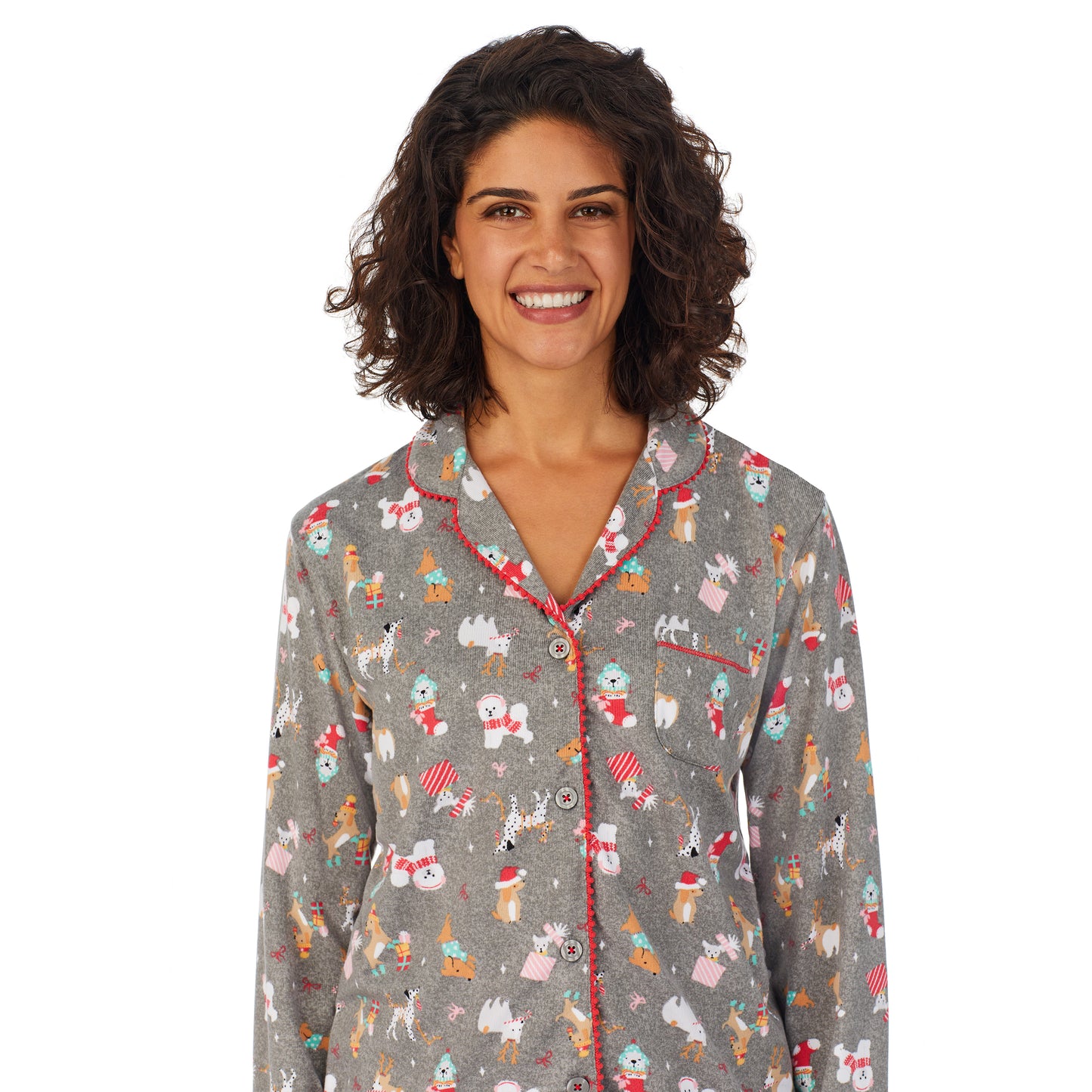 Grey Holiday Dogs; Model is wearing size S. She is 5’9”, Bust 32”, Waist 24”, Hips 34.5”. @A lady wearing a grey long sleeve pajama set with dogs pattern.