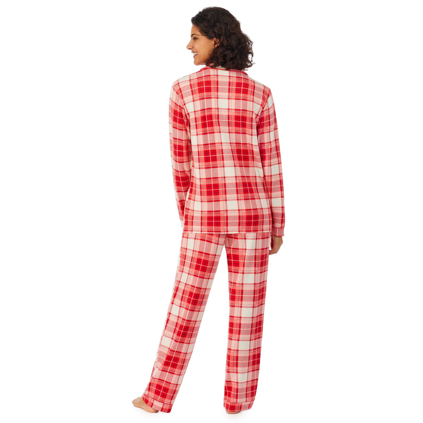 Red Ivory Plaid; Model is wearing size S. She is 5’9”, Bust 32”, Waist 24”, Hips 34.5”. @A lady wearing a white long sleeve pajama set with red ivory plaid.