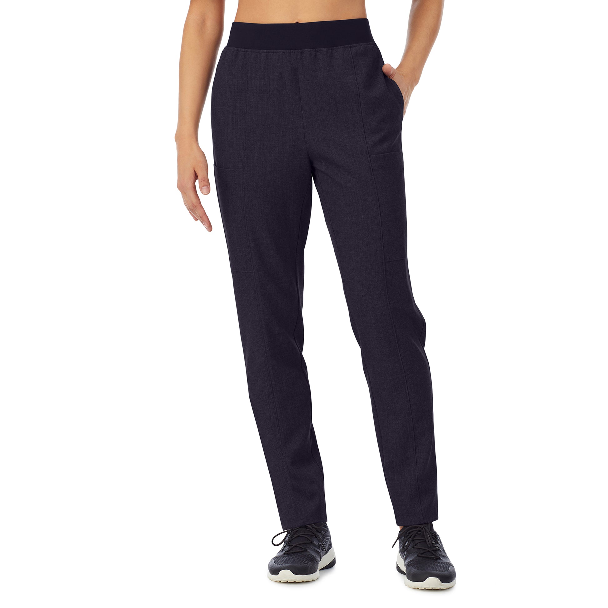 Black; Model is wearing size S. She is 5’9”, Bust 34”, Waist 25”, Hips 35”.@ Womens scrub slim black cargo pant