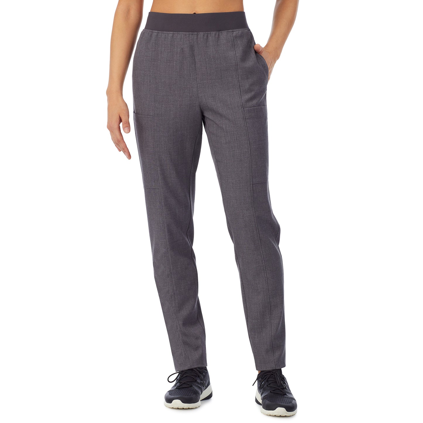 Charcoal Heather; Model is wearing size S. She is 5’9”, Bust 34”, Waist 25”, Hips 35”.@ Womens scrub slim grey cargo pant