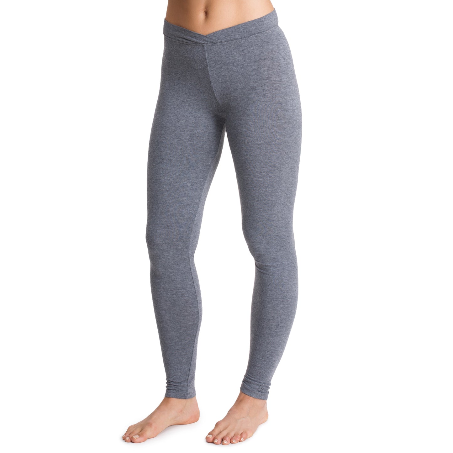 Charcoal Heather; Model is wearing size S. She is 5’9”, Bust 32”, Waist 25.5”, Hips 36”. @A lady wearing a charcoal heather stretch legging.