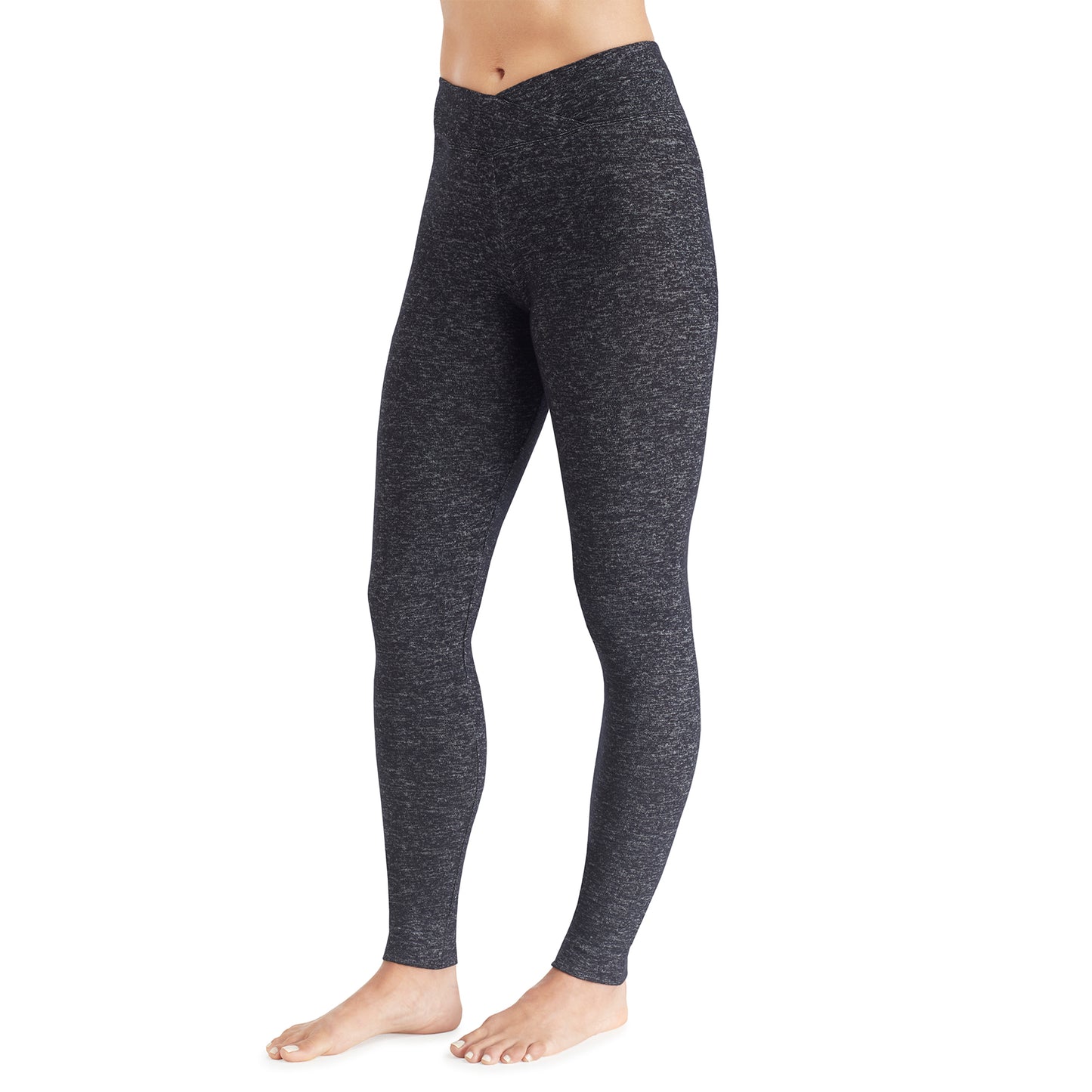 Marled Dark Charcoal; Model is wearing size S. She is 5’9”, Bust 32”, Waist 25.5”, Hips 36”. @A lady wearing a marled dark charcoal legging.