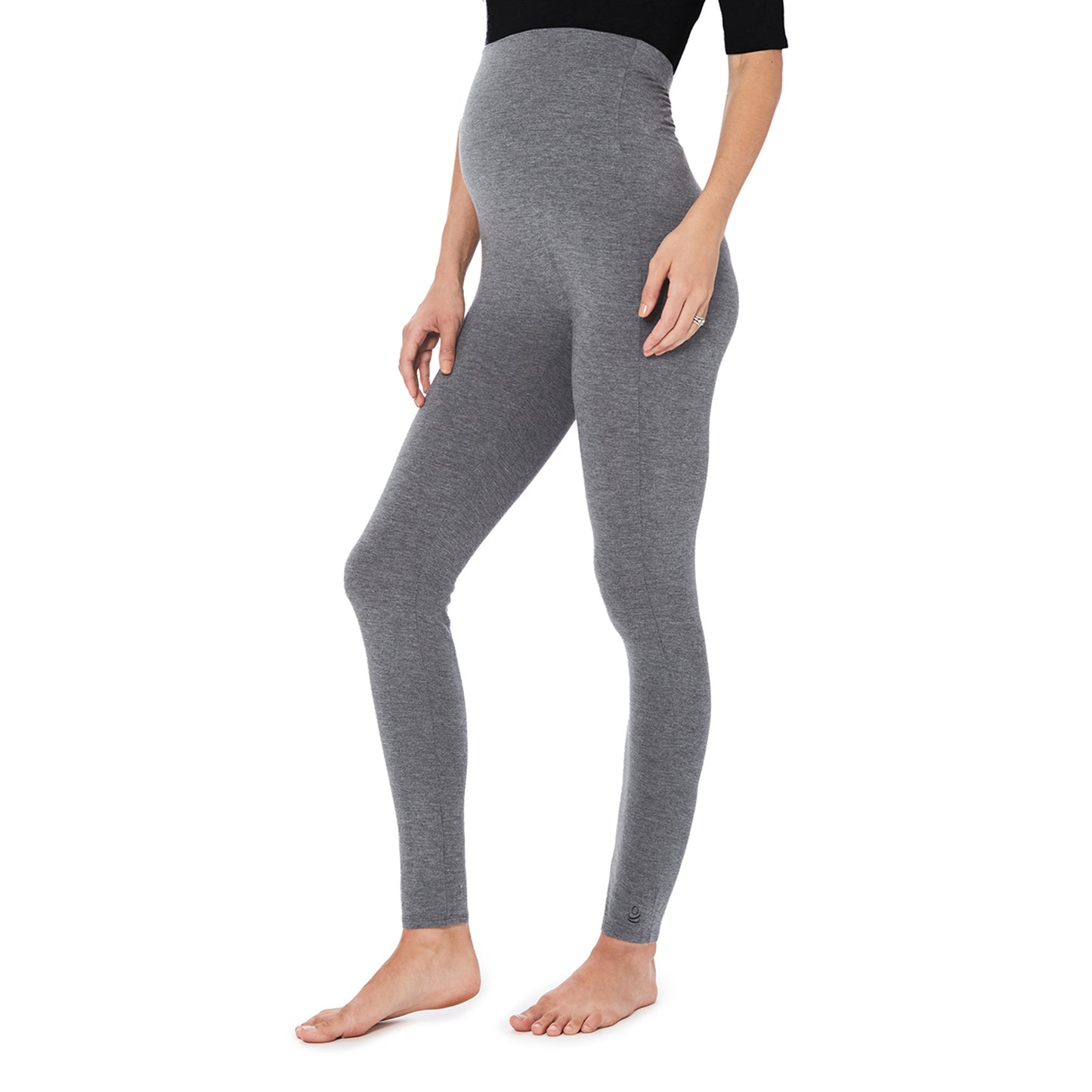 Charcoal Heather; Model is wearing size S. She is 5’11”, Bust 34”, Waist 25”, Hips 36.5”. @A lady wearing a charcoal heather maternity legging. #Model is wearing a maternity bump.