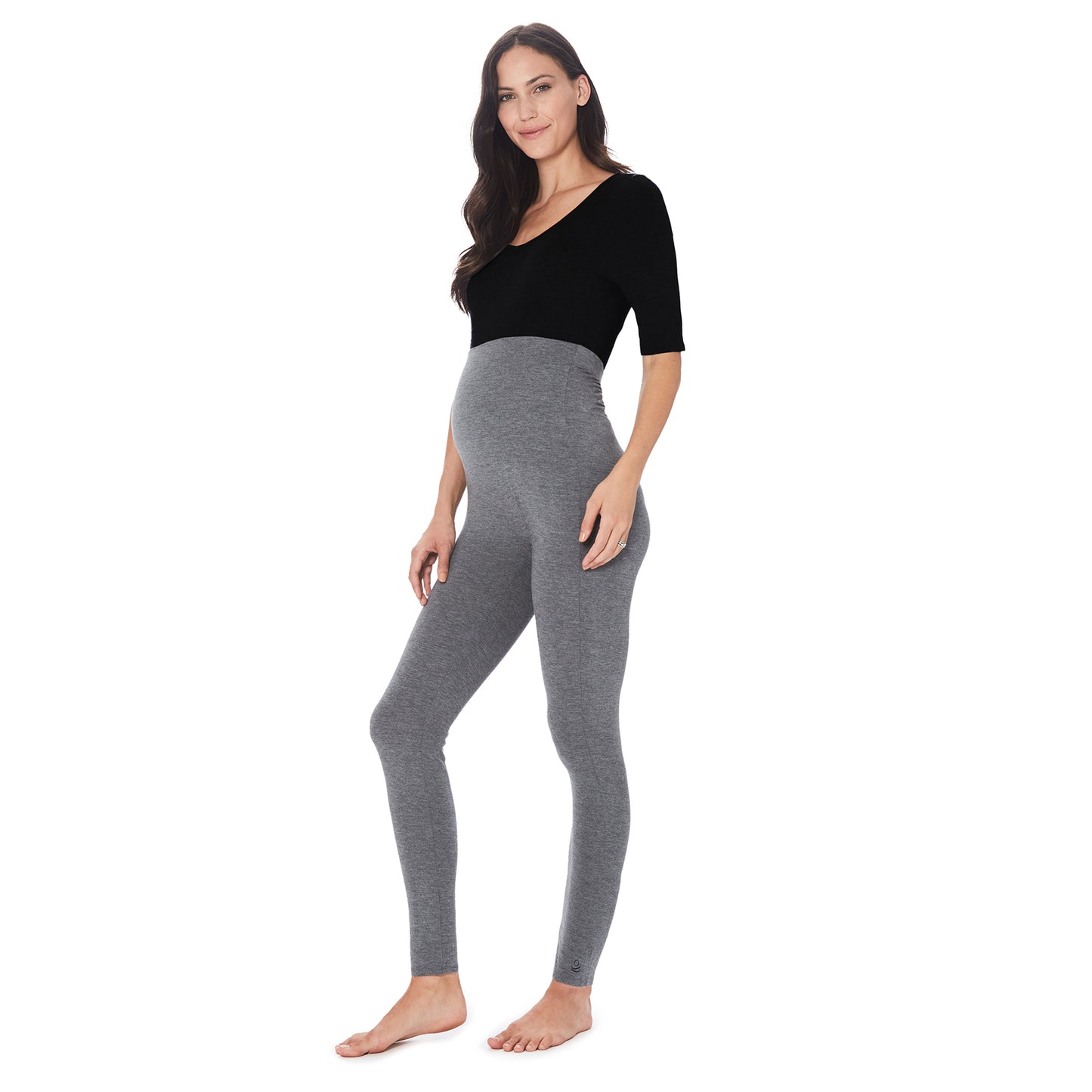 Charcoal Heather; Model is wearing size S. She is 5’11”, Bust 34”, Waist 25”, Hips 36.5”. @A lady wearing a charcoal heather maternity legging. #Model is wearing a maternity bump.